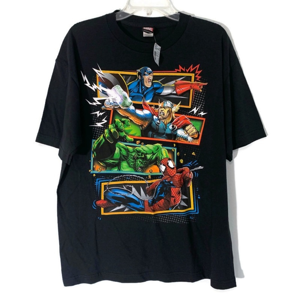 Marvel Avengers Comic Graphic Tee NWT Youth Large Black Spider-Man Hulk Thor Fan
